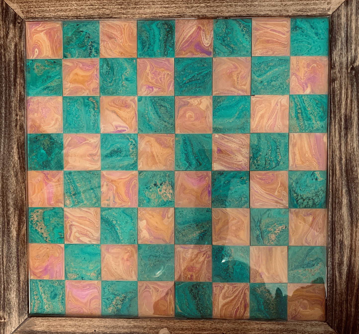 Artistic Chessboard - Turquoise Green, Gold, Orange, Yellow - Cinder House Creations