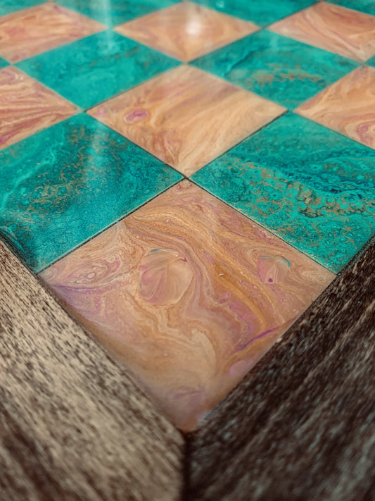 Artistic Chessboard - Turquoise Green, Gold, Orange, Yellow - Cinder House Creations