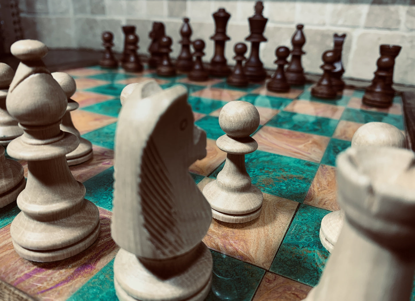 Artistic Chessboard - Turquoise Green, Gold, Orange, Yellow - Cinder House Creations