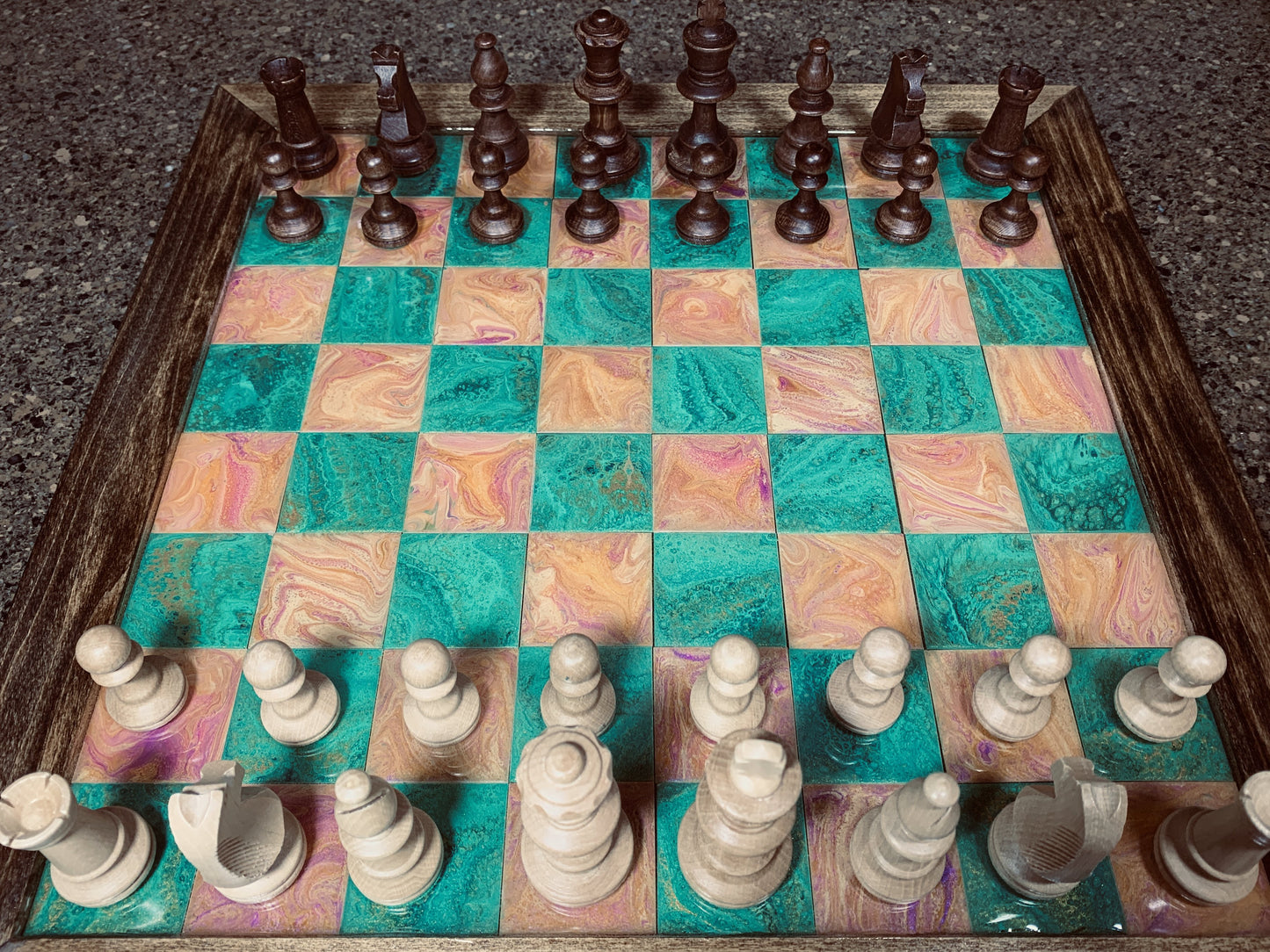 Artistic Chessboard - Turquoise Green, Gold, Orange, Yellow - Cinder House Creations