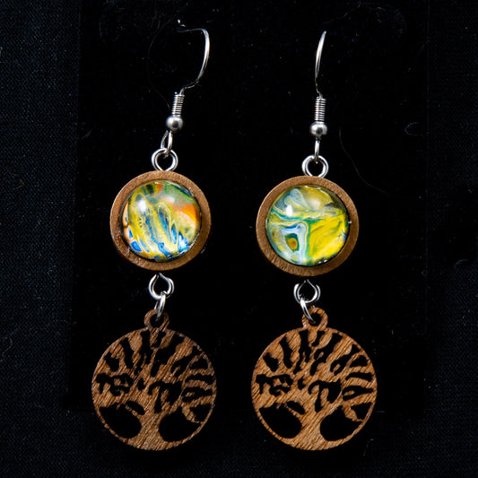 Wooden Wearable Art Fish Hook Earrings with Tree of Life Charm - Cinder House Creations