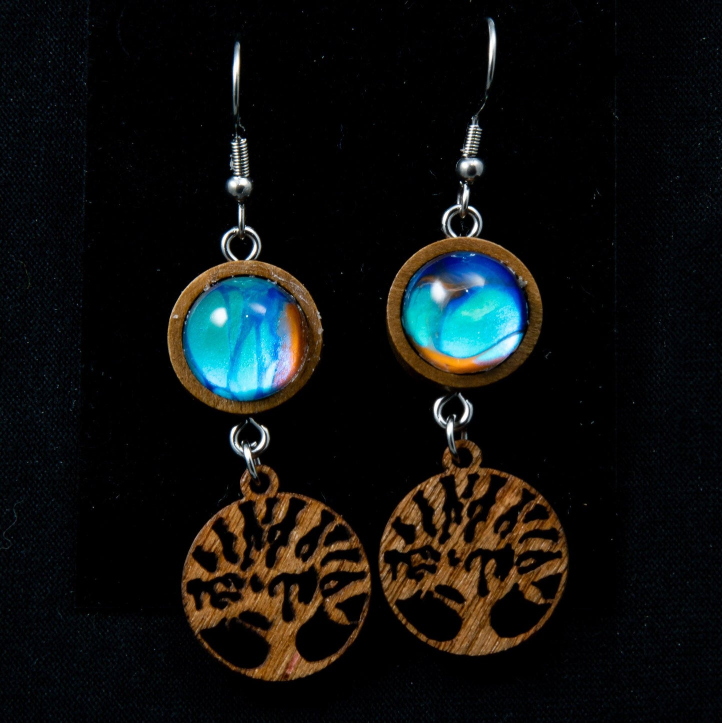 Wooden Wearable Art Fish Hook Earrings with Tree of Life Charm - Cinder House Creations