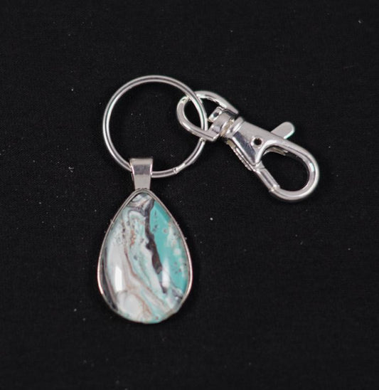 Silver Fluid Art Teardrop Pendant with keychain - Cinder House Creations