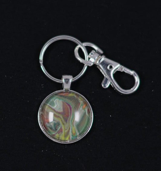 Silver Fluid Art Round Pendant with keychain - Cinder House Creations