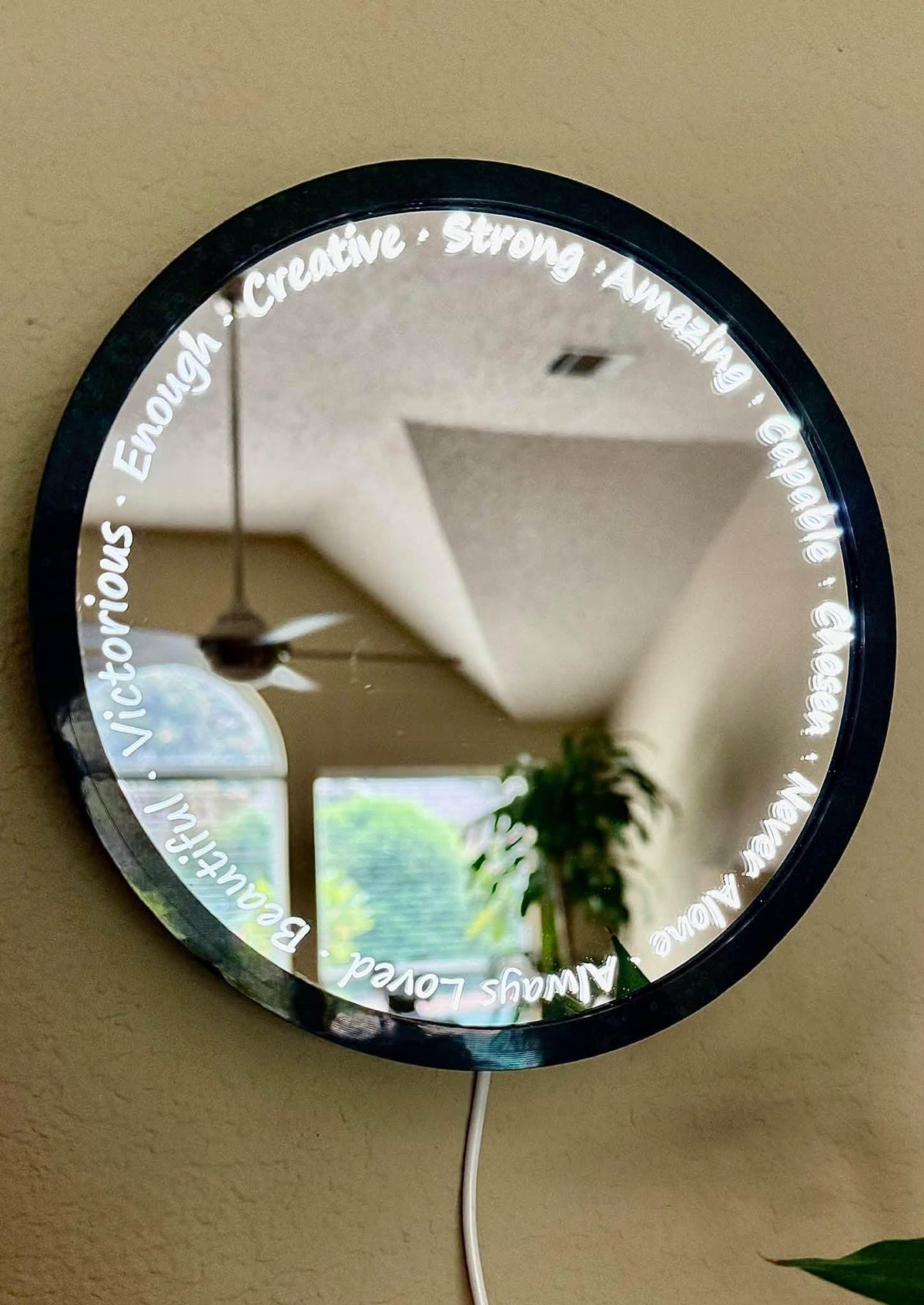 Laser Engraved Backlit Round Affirmation Mirror (Table or Wall).
