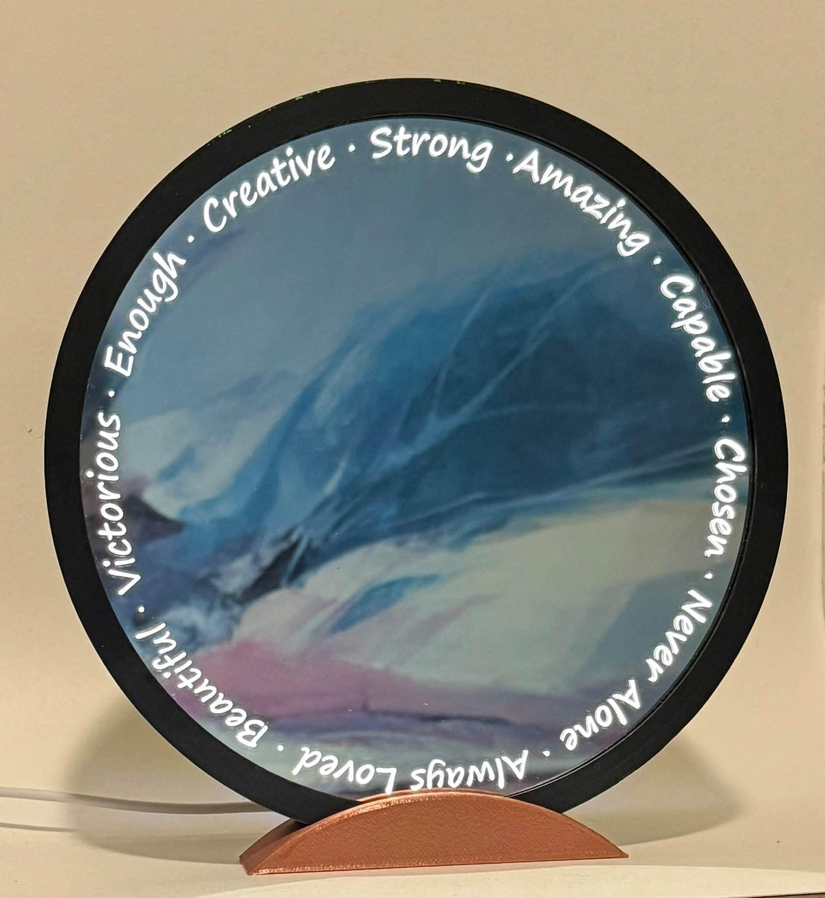 Laser Engraved Backlit Round Affirmation Mirror (Table or Wall).