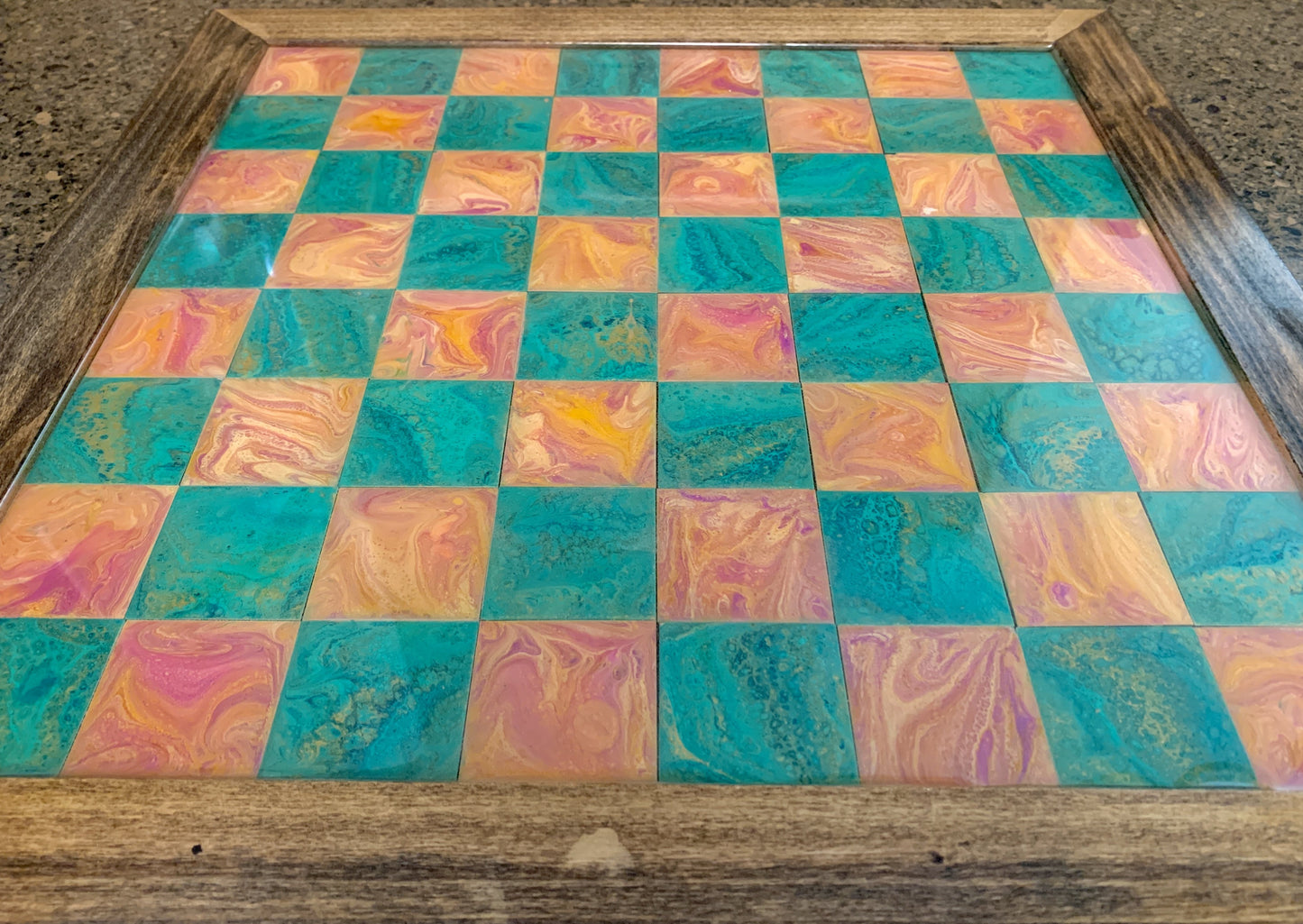 Artistic Chessboard - Turquoise Green, Gold, Orange, Yellow - Cinder House Creations