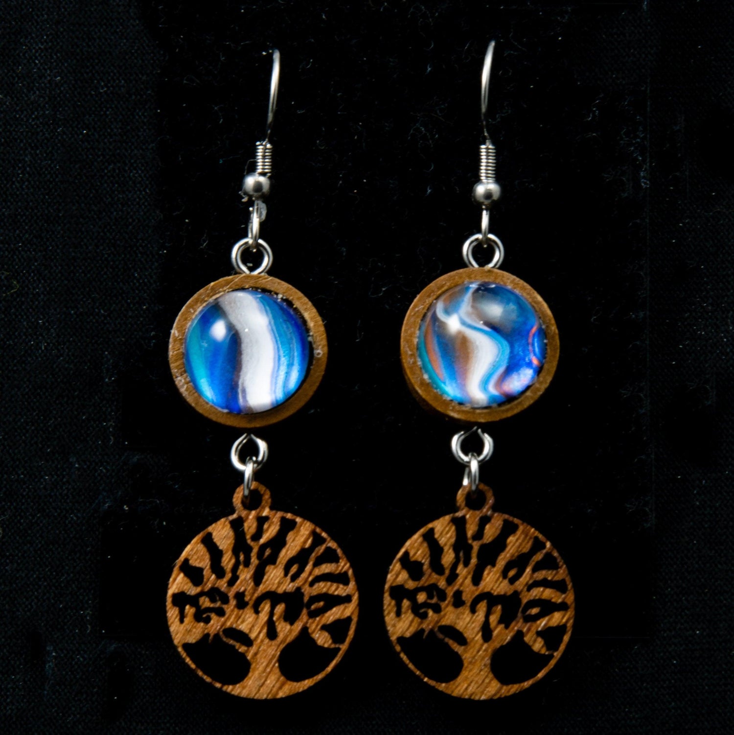 Wooden Wearable Art Fish Hook Earrings with Tree of Life Charm - Cinder House Creations