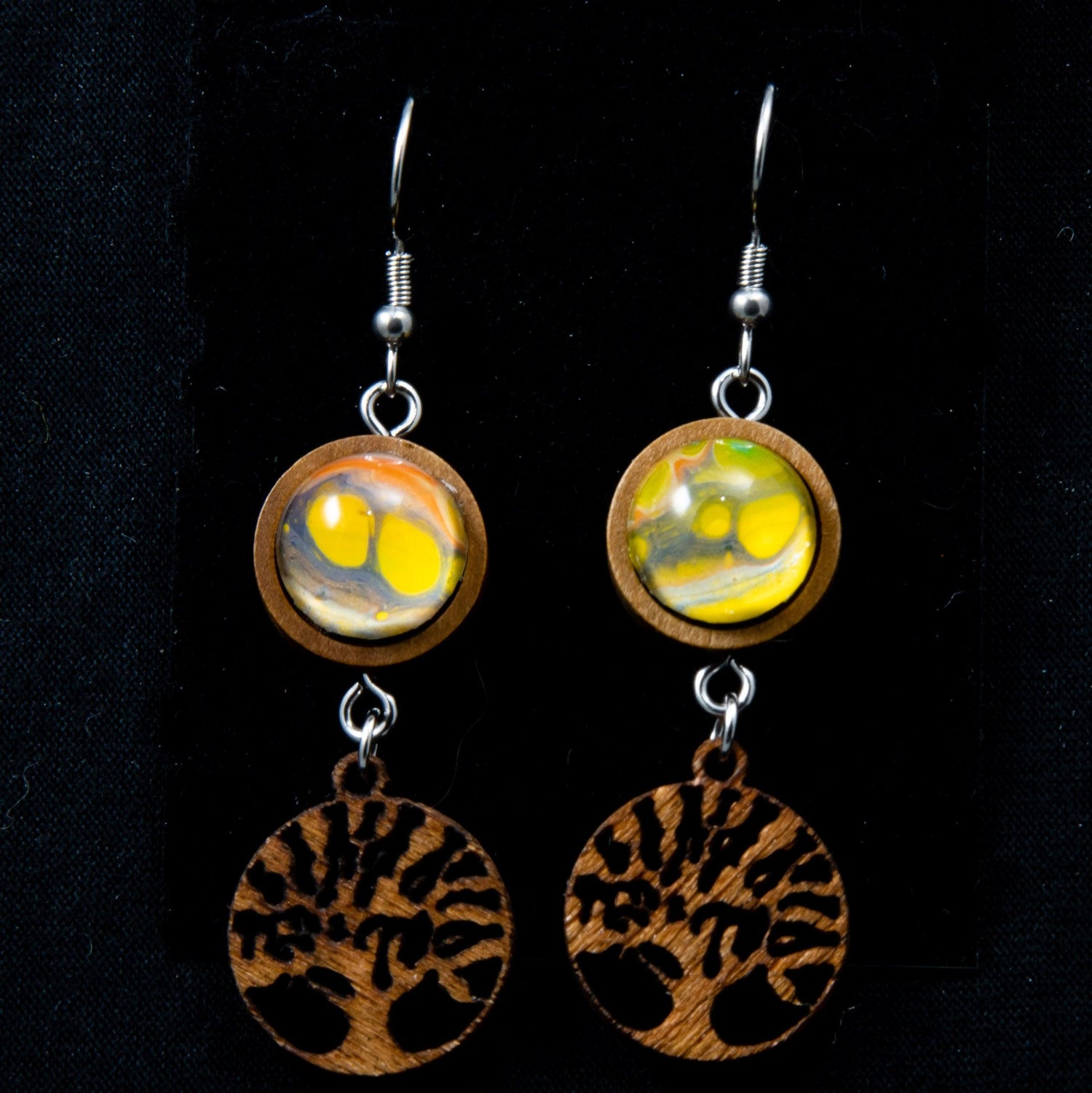 Wooden Wearable Art Fish Hook Earrings with Tree of Life Charm - Cinder House Creations