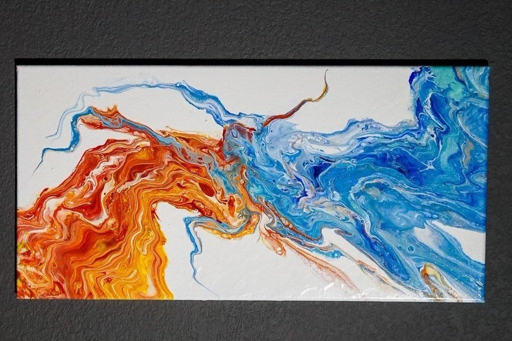 Fluid Art Abstract Painting - "Fire & Ice" - Blue, Aqua Blue, Red, Yellow, Orange - Cinder House Creations