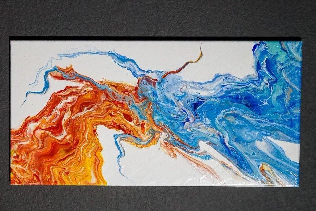 Fluid Art Abstract Painting - "Fire & Ice" - Blue, Aqua Blue, Red, Yellow, Orange